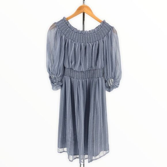 ASOS Maternity Off Shoulder Blue Stripe Mini Dress with Sheer Blouson Sleeve - Picture 1 of 14